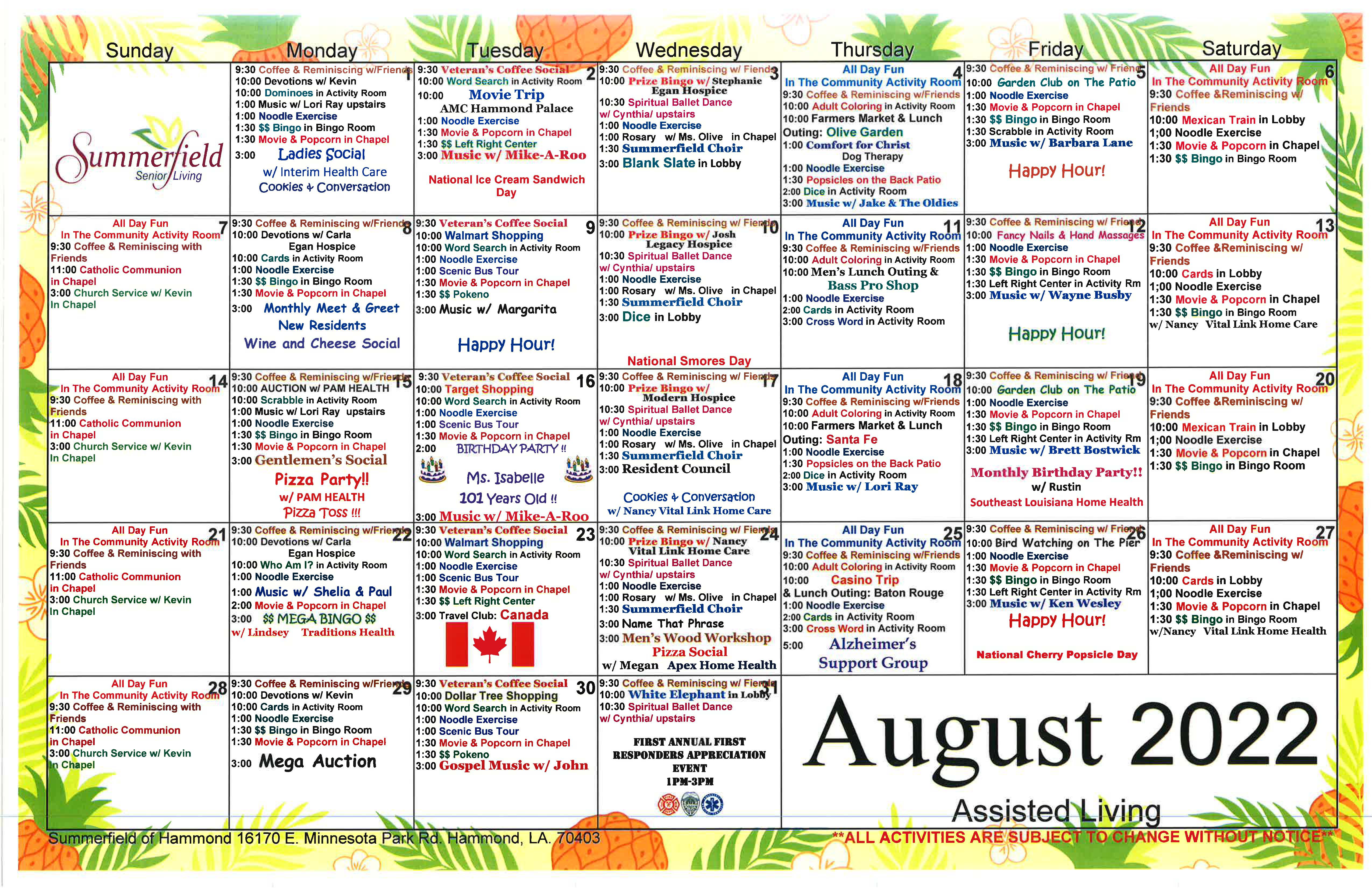 August Activity Calendar For Seniors 